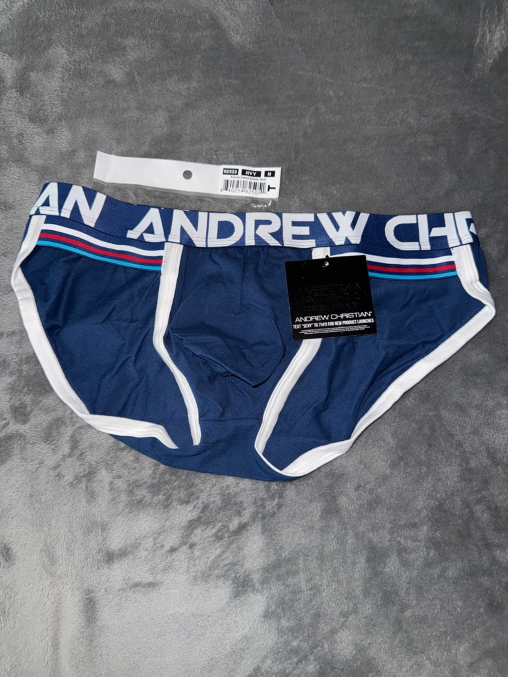 Andrew Christian Navy Briefs with White Trim and Red & Teal Waistband Stripes